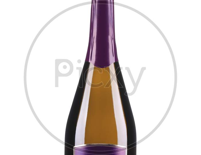 Bottle Of Champagne With Violet Top. Isolated On A White Background.