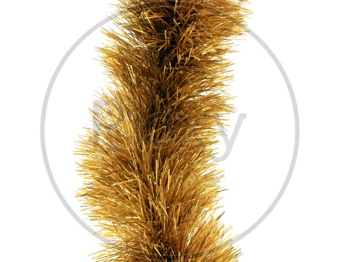 Close Up Of Christmas Golden Tinsel. Whole Background.
