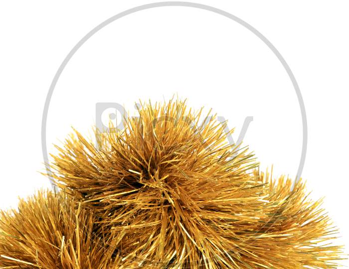 Close Up Of Christmas Golden Tinsel. Whole Background. Place For Text.