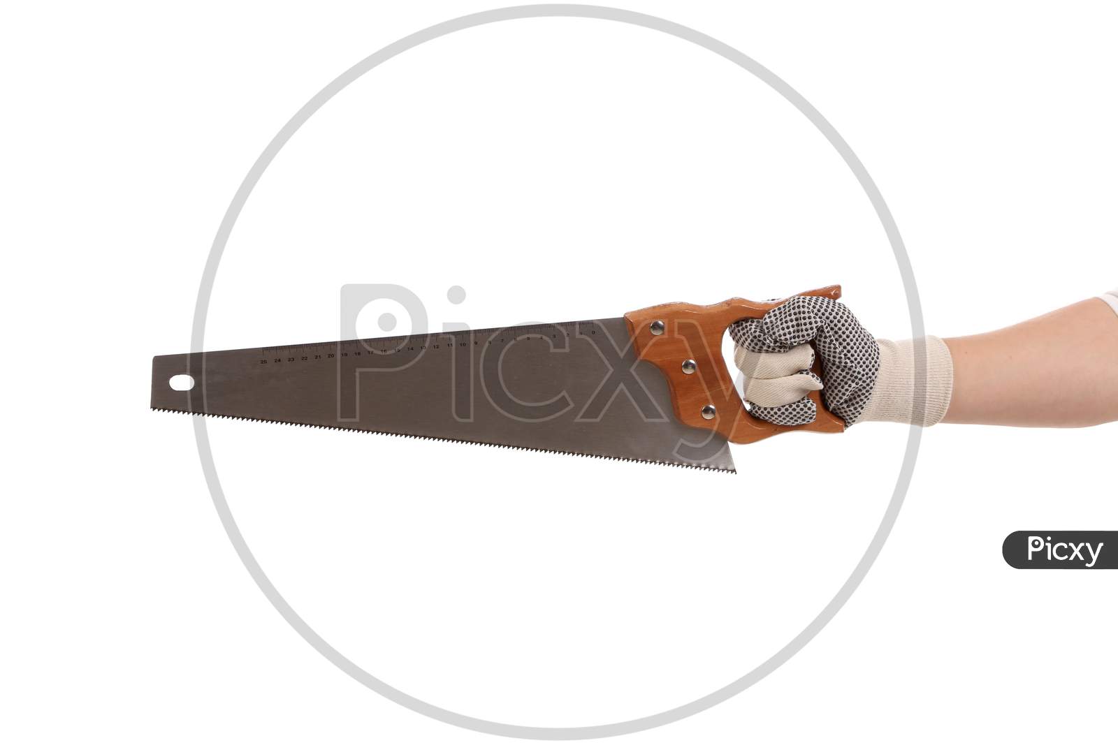Close Up Of Hand In Gloves With Saw. Isolated On A White Background.