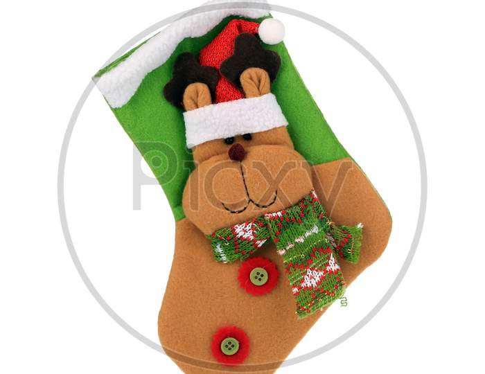 Decorative Christmas Green Sock. Isolated On A White Background.