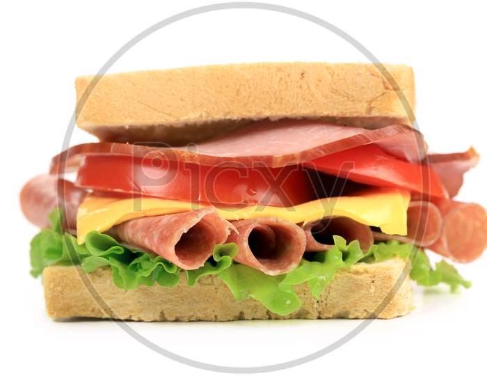 Sandwich With Bacon And Vegetables. Isolated On A White Background.