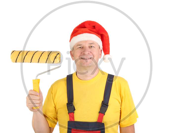 Worker In Santa'S Hat With Roll. Isolated On A White Background.