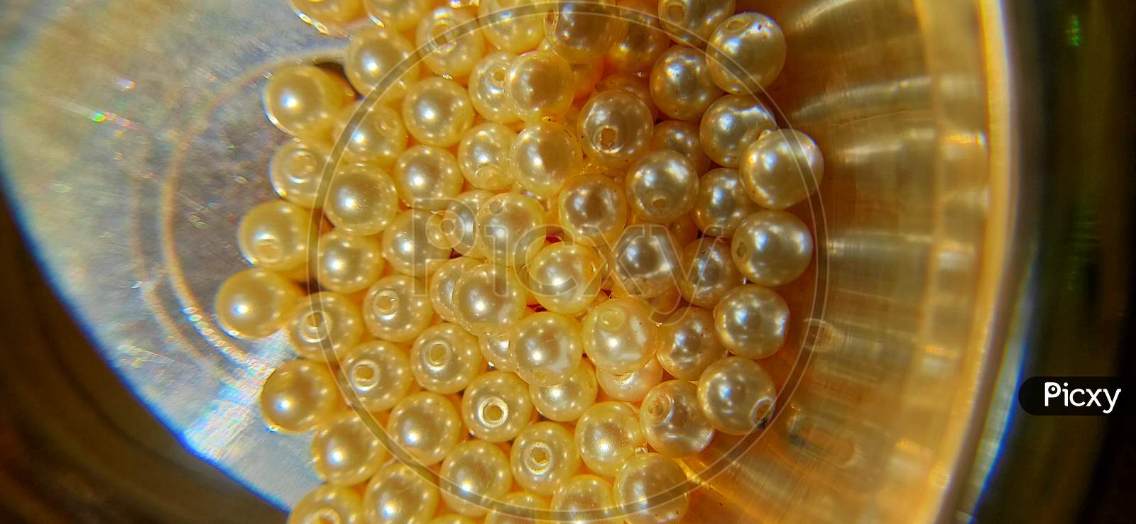American pearls close up. Golden colour pearls on black background.