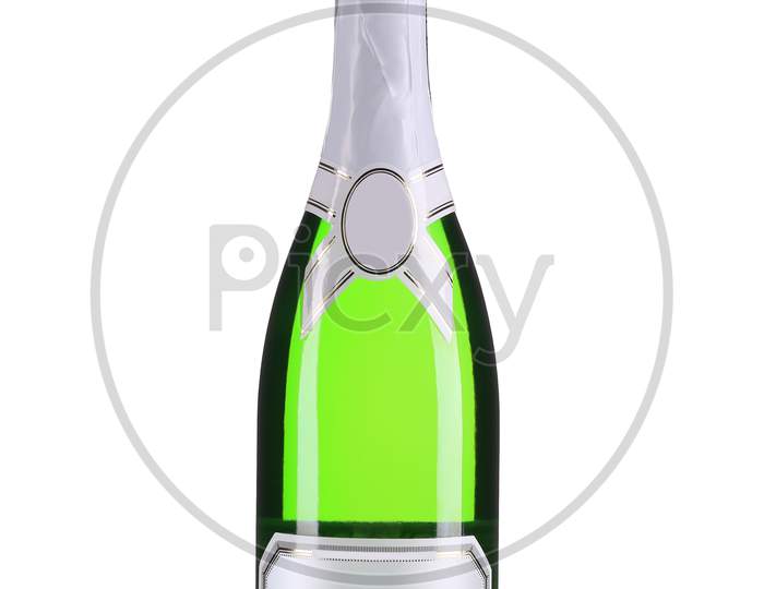 Green Bottle Of Champagne. Isolated On A White Background.