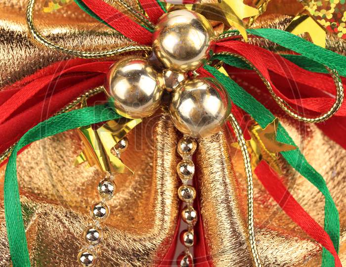 Christmas Ribbon Decoration. Close Up. Whole Background.