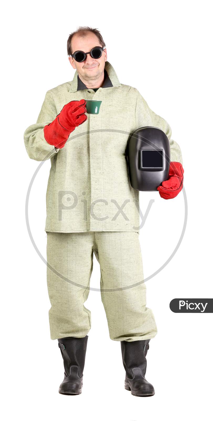 Welder With Mask And Coffee. Isolated On A White Background.