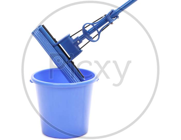 Washing The Floor With Cleaning Tools. Isolated On A White Background.