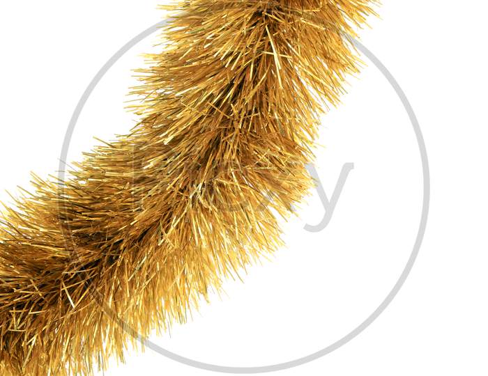 Close Up Of Christmas Golden Tinsel. Whole Background.