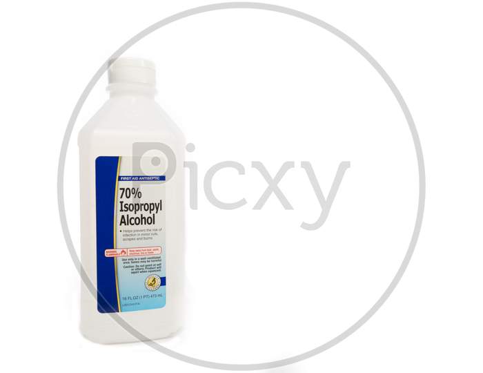 Container Of Rubbing (Isopropyl) Alcohol On A White Background.