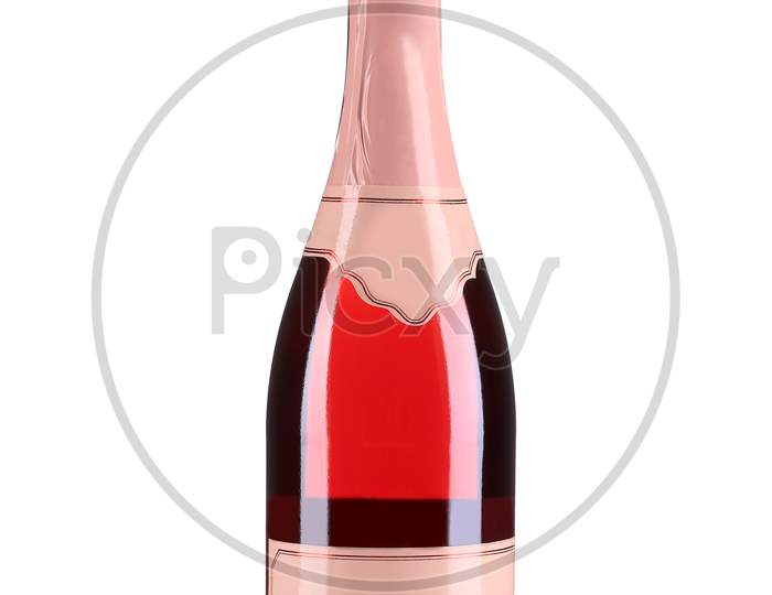 Bottle Of Champagne With Pink Top. Isolated On A White Background.