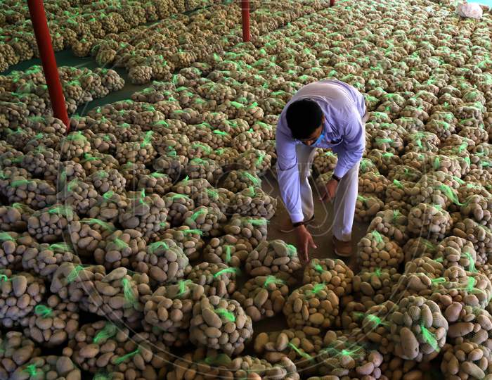 A Government Employee Picks up A Potato Packet For Distribution to Poor People During A Nationwide Lockdown For  Coronavirus Disease (Covid-19), In Prayagraj, April, 14, 2020.