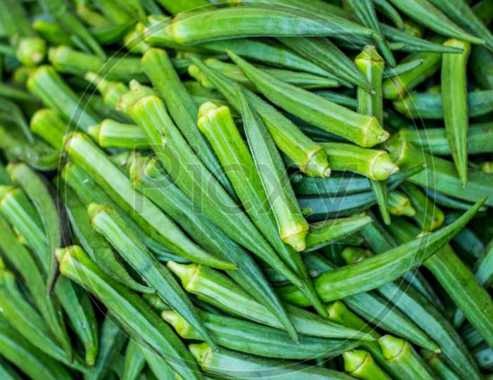 Green Ladies Finger On The Vegetable Market - Okra, Abelmoschus Esculentus, Known In Many Countries As Ladies' Fingers Or Ochro. The Geographical Origin Of West African, Ethiopian & Asian Origins
