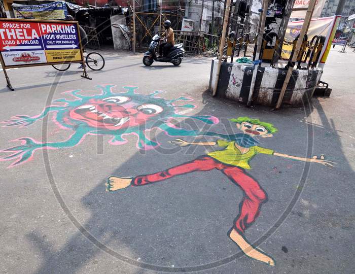 Roads Of Fancy Bazar Painted By Friends Club Expressing Gratitude To Covid-19  or corona virus Warriors In Guwahati On Tuseday, 14 April 2020.