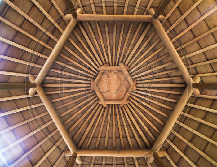 Hexagonal Shape Of A Wicker And Bamboo Roof Bottom Of The Gazebo Roof Located On The Mejiro Garden Lake.