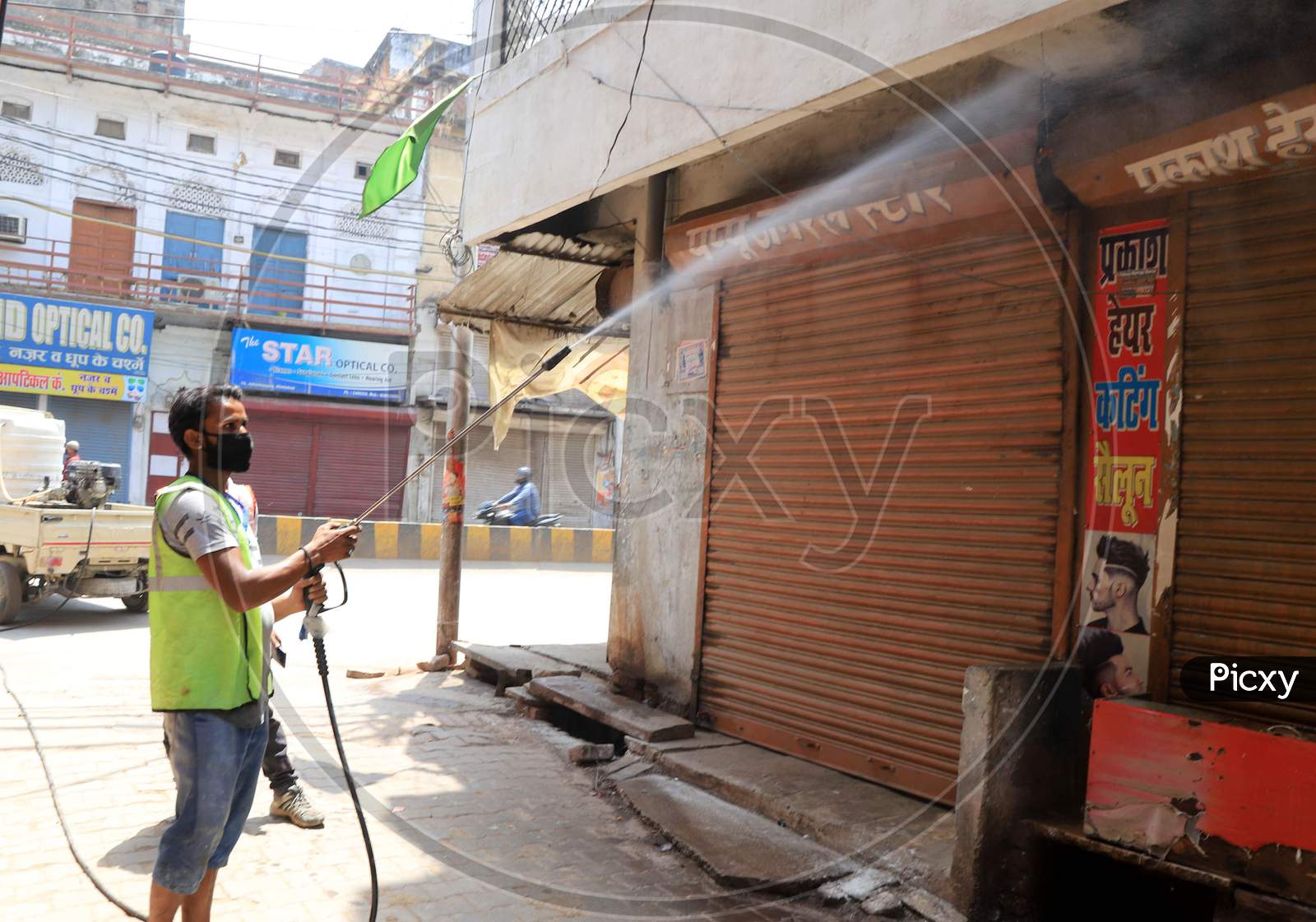 Municipal Workers Sanitize Old City Market During A Nationwide Lock down To Slow The Spreading Of The Corona virus Disease (Covid-19), In Prayagraj, April, 15, 2020.