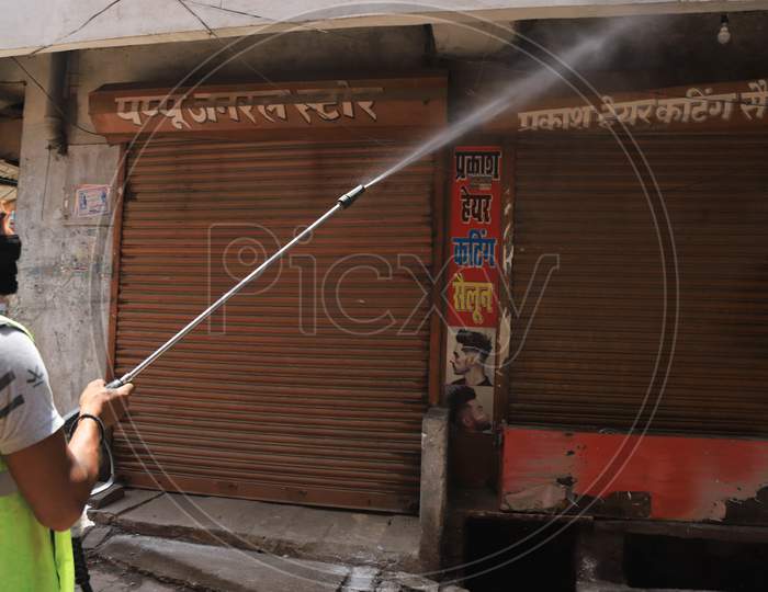 Municipal Workers Sanitize Old City Market During A Nationwide Lock down To Slow The Spreading Of The Corona virus Disease (Covid-19), In Prayagraj, April, 15, 2020.