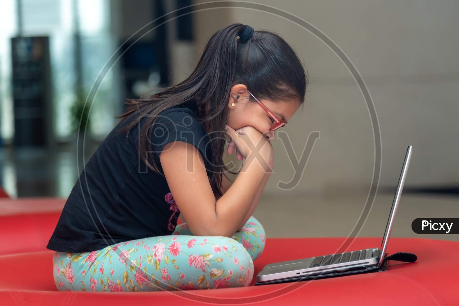 a kid studying in laptop amid corona virus lockdown. 