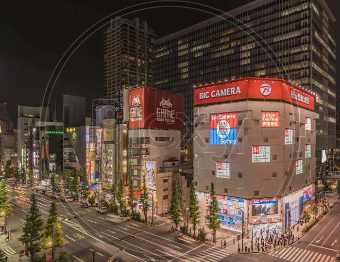Tokyo, Japan - July 11 2018: Aerial Night View Of The Akihabara Crossing Intersection In The Electric Town Of Tokyo In Japan.