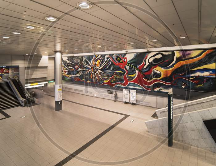 Hall Of Shibuya Station Leading To The Inokashira Line And Whose Wall Is Decorated With A Giant Fresco About The Atomic Experience Of Hiroshima Called Myth Of Tomorrow Painted By Okamoto Taro In 1969.