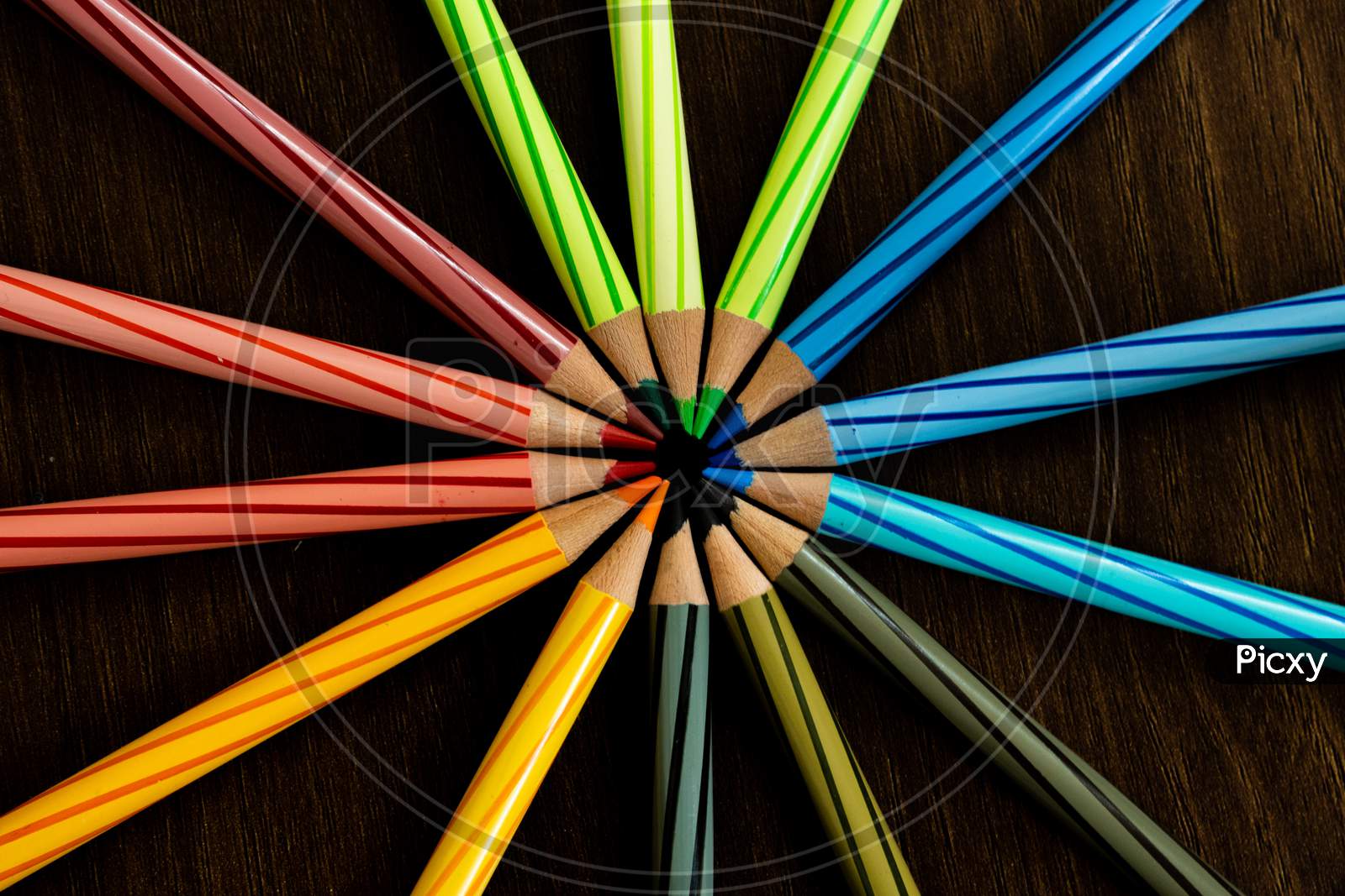 Color Pencils as a group On black Background close up