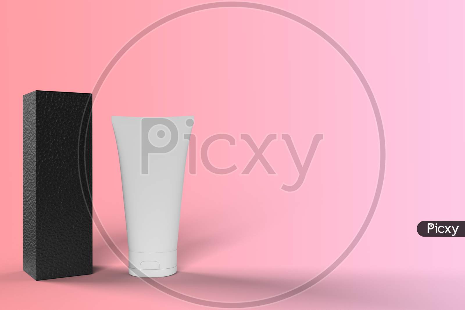 A Blank Cosmetic Tube And Black Leather Texture Box In Pink Gradient Background. Mockup 3D Render Image With Copy Space.