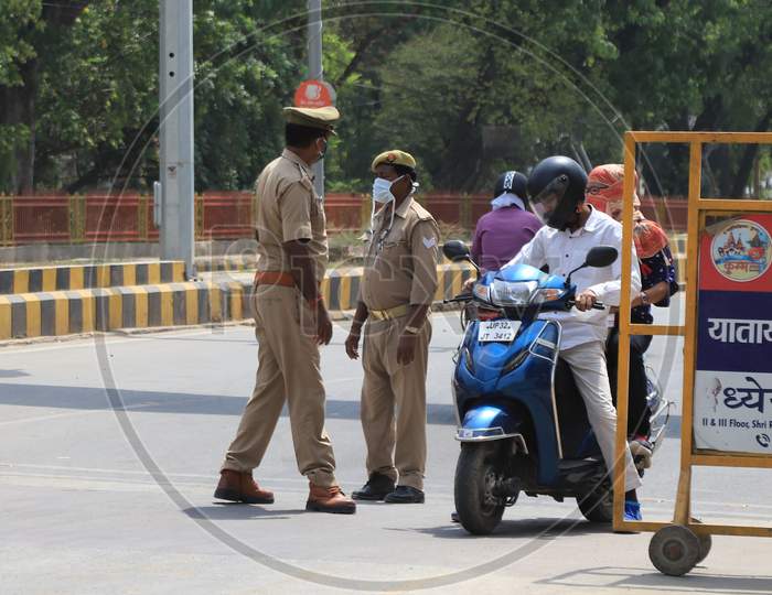 Policemen Checking  During A Nationwide Lockdown To Slow The Spreading Of The Corona virus Disease (Covid-19), In Prayagraj, April, 17, 2020