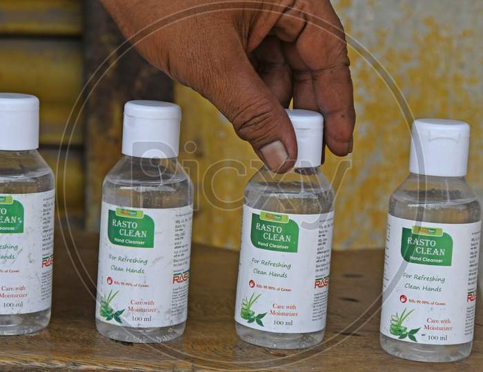 Alcohol based hand sanitizers are being sold for use to prevent Novel Coronavirus (COVID-19) infections. At Burdwan Town, Purba Bardhaman District, West Bengal, India.