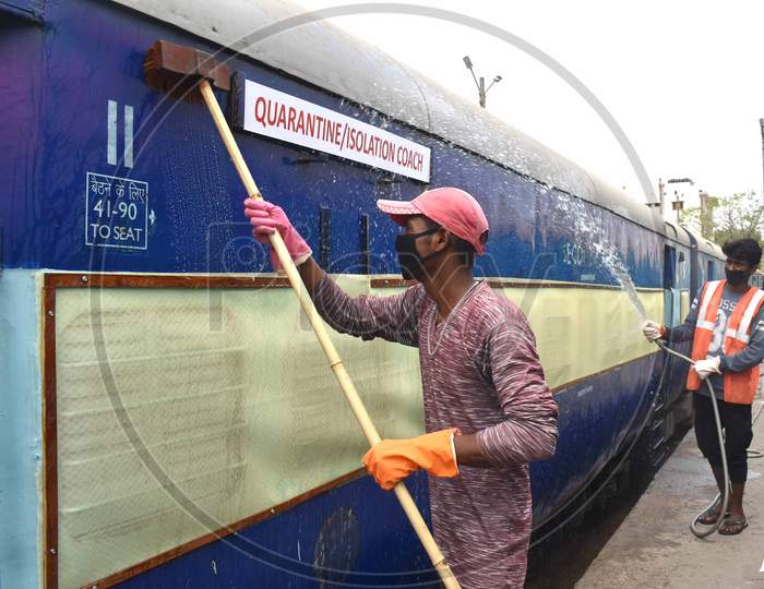 Railway Workers Sanitizing Corona Isolation Wards In a Railway Station in Prayagraj