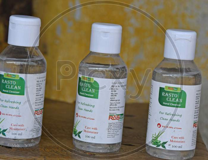 Alcohol based hand sanitizers are being sold for use to prevent Novel Coronavirus (COVID-19) infections. At Burdwan Town, Purba Bardhaman District, West Bengal, India.
