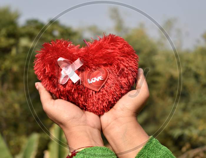 A girl holding heart shape object on her hand
