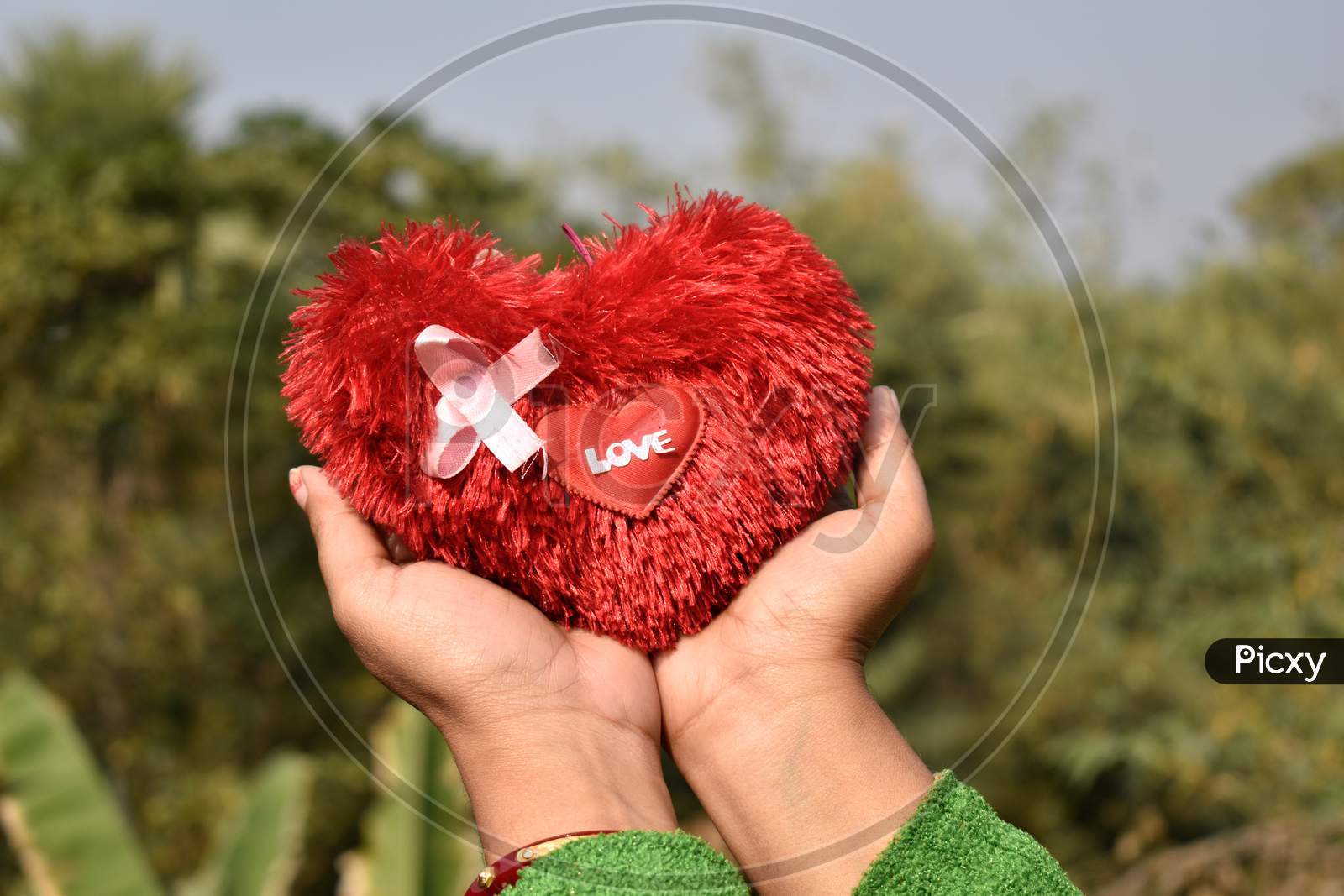 A girl holding heart shape object on her hand