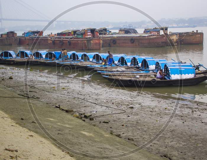Beautiful view of boats at river Ganga near Babu Ghat at Kolkata in West Bengal of India.