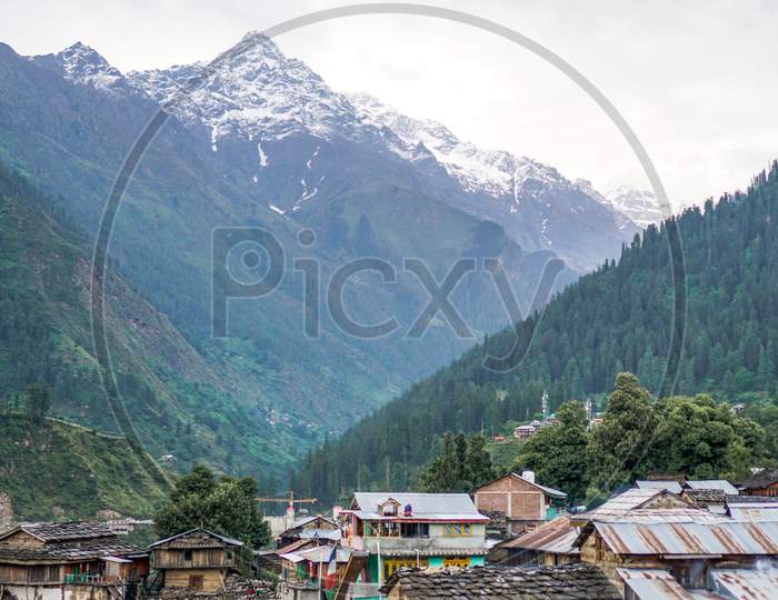 Snow Peak View On Mountain From Town Of Valley