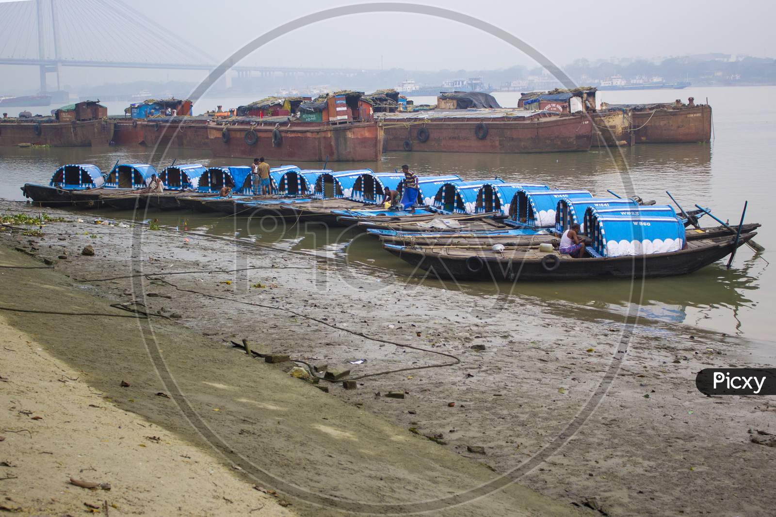 Beautiful view of boats at river Ganga near Babu Ghat at Kolkata in West Bengal of India.