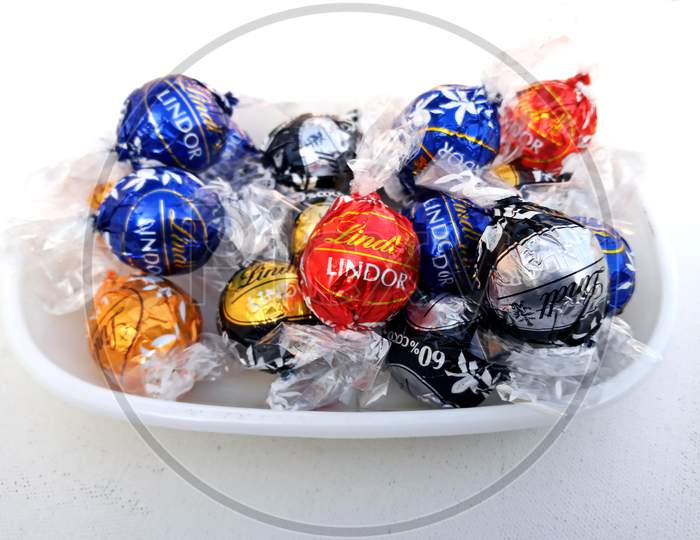 Lindt Lindor chocolates assorted kept in a bowl, popular sweet from switzerland.