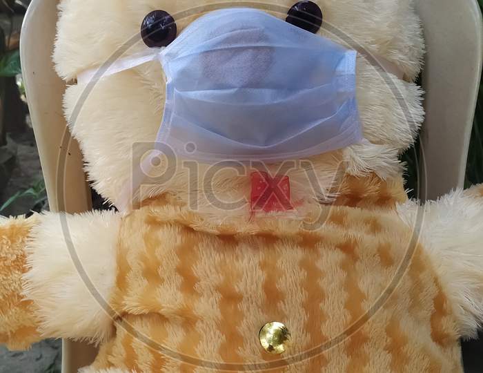 Toy teddy wearing corona mask.