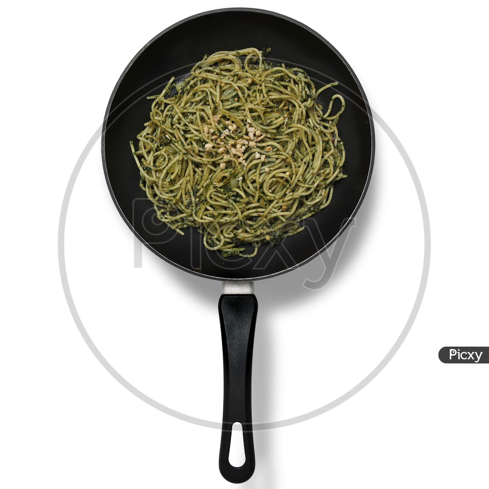 pan with spaghetti and pesto , beautiful food , high quality