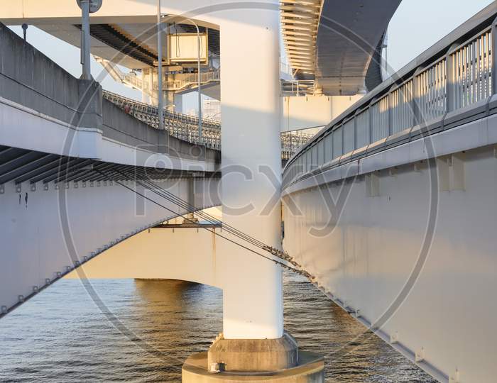 Pillar Of Rainbow Bridge Bridge In Odaiba Bay, Tokyo, Japan.