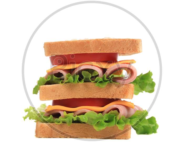 Big Sandwich With Fresh Vegetables. Isolated On A White Background.