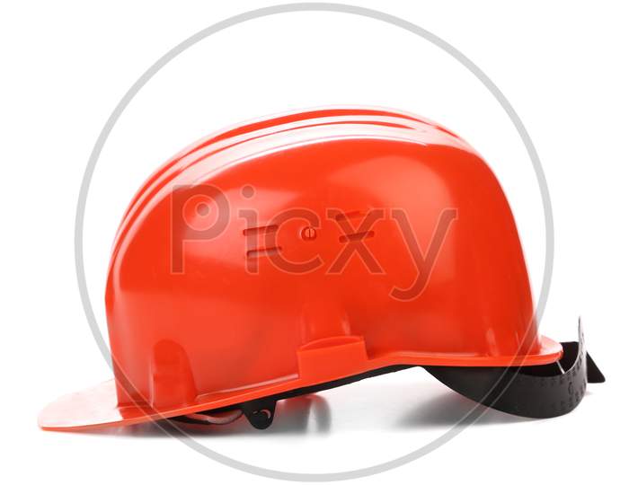 Side View Of Red Hard Hat. Isolated On A White Background.