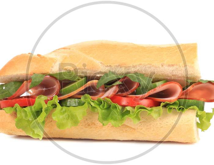 Half Of French Baguette Sandwich. Isolated On A White Background.