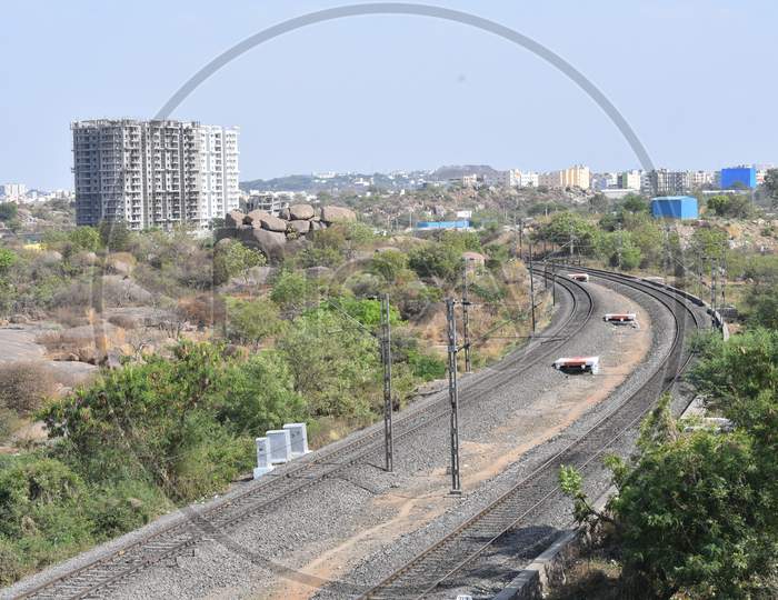 a deserted railway track at Hitech City MMTS station due to lockdown amid coronavirus pandemic