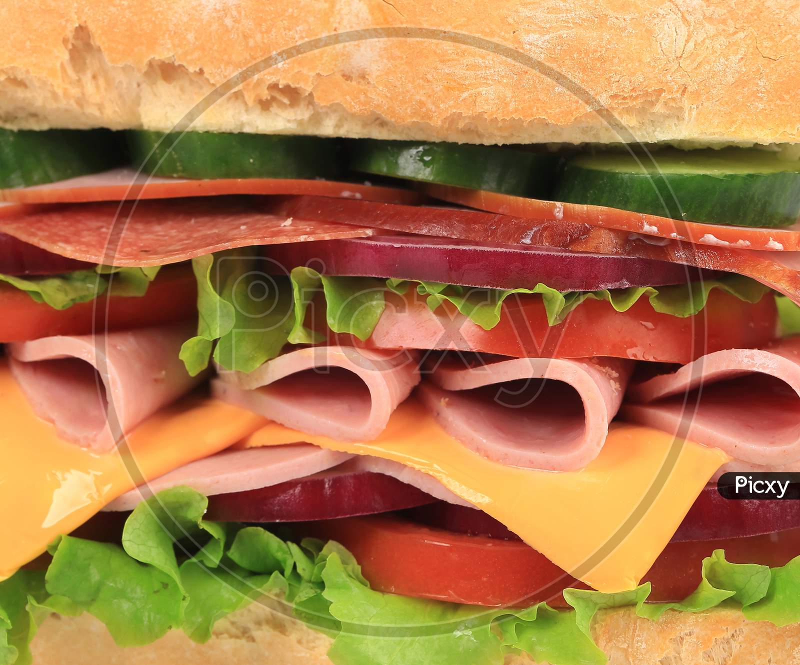 Appetizing Sandwich Vegetables And Sausage. Whole Background.