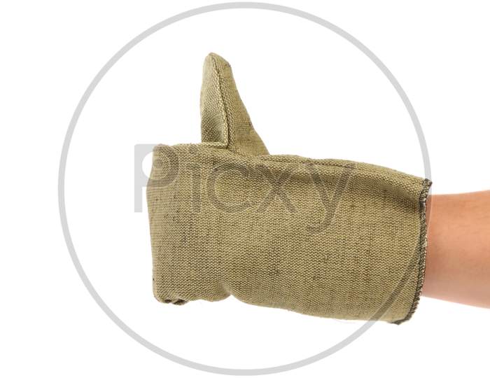Gray Mittens On Hand. Isolated On A White Background.