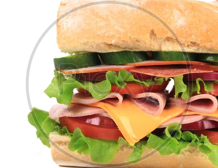 Appetizing Sandwich With Cheese And Sausage. Whole Background.