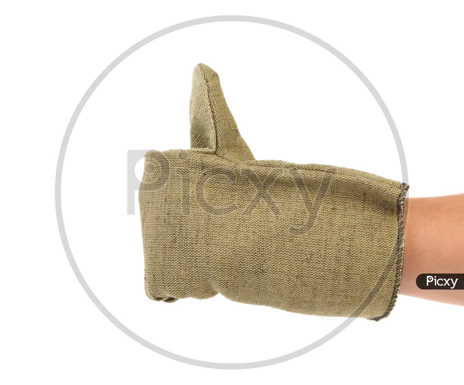 Gray Mittens On Hand. Isolated On A White Background.