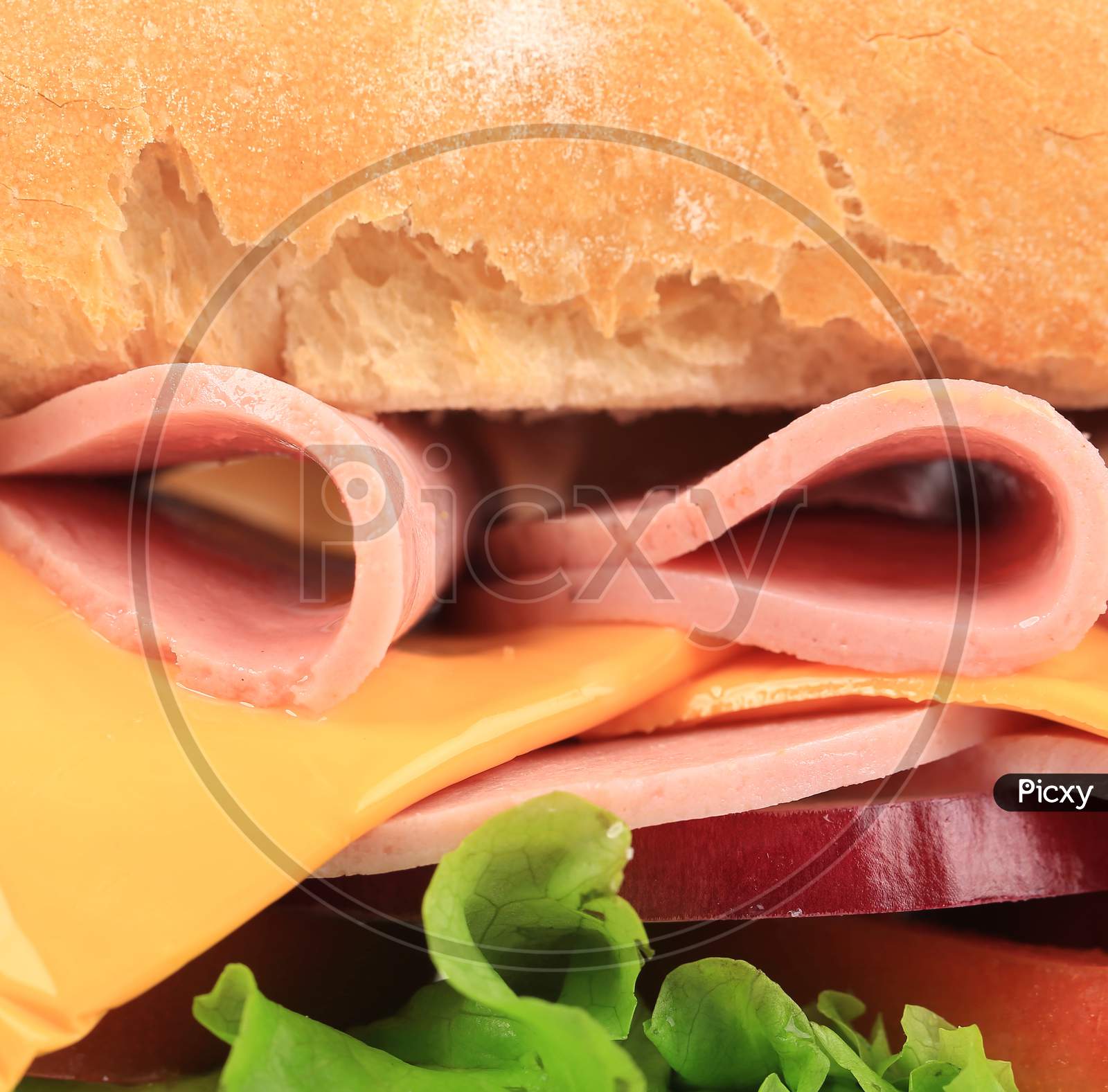 Close Up Of Fresh Sandwich With Ham. Whole Background.