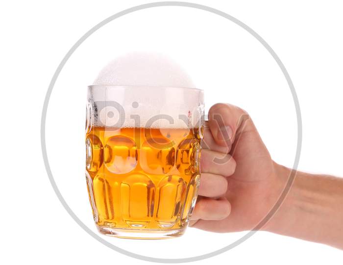 Big Mug With Gold Beer. Isolated On A White Background.
