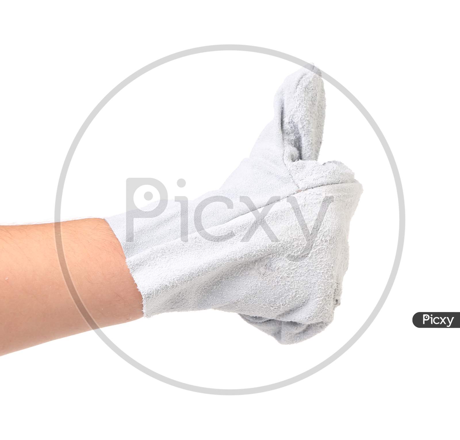 White Mittens On Hand. Isolated On A White Background.
